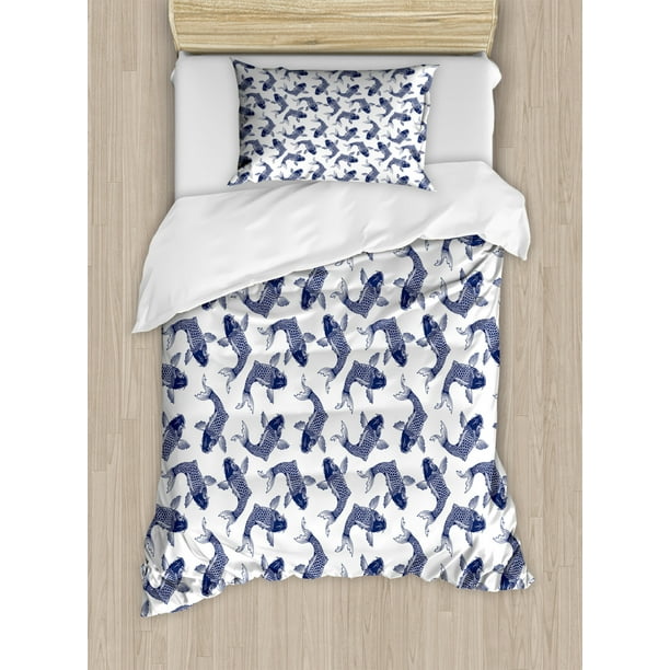 Violet Blue Lillies Marine Life Colorful Watercolor Drawing of Divine Animal Decorative 2 Piece Bedding Set with 1 Pillow Sham Twin Size Lunarable Koi Fish Duvet Cover Set